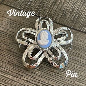 Vintage Blue Cameo with Flower Shaped Ribbon Frame, Silver-tone Metal